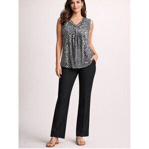 Jones NY Blouse Sleeveless Leopard Print V Neck Stretchy Flowy Top Black Gray M